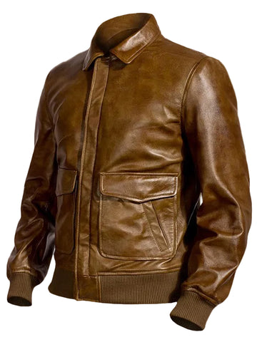Men’s traditional brown leather jacket with rib cuffs
