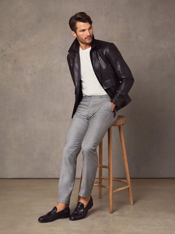 men's black leather shirt cassian front view