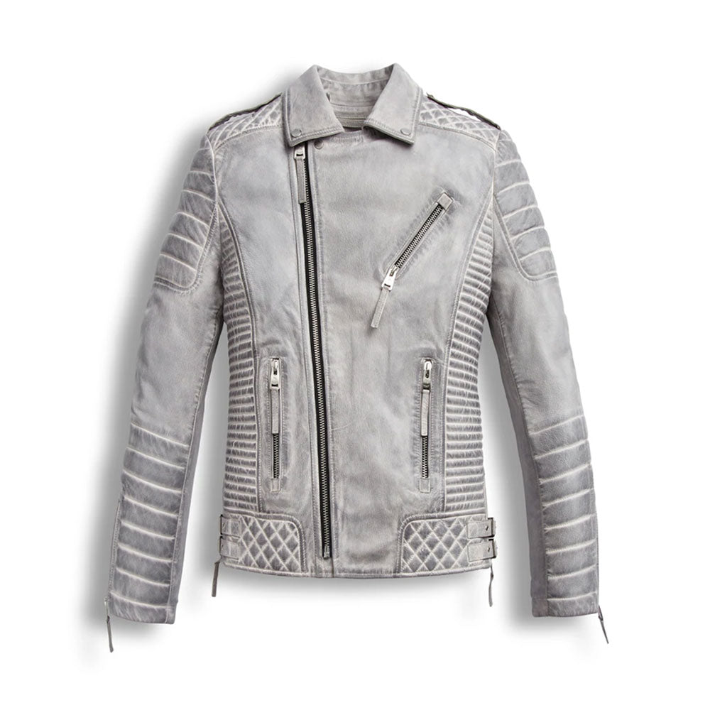 Men’s waxed white leather biker motorcycle jacket
