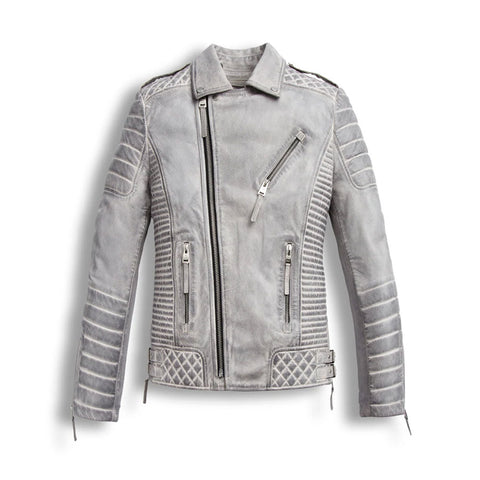 Men’s waxed white leather biker motorcycle jacket
