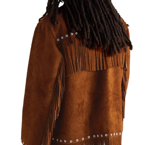 men's brown fringe suede leather jacket damon detail close up