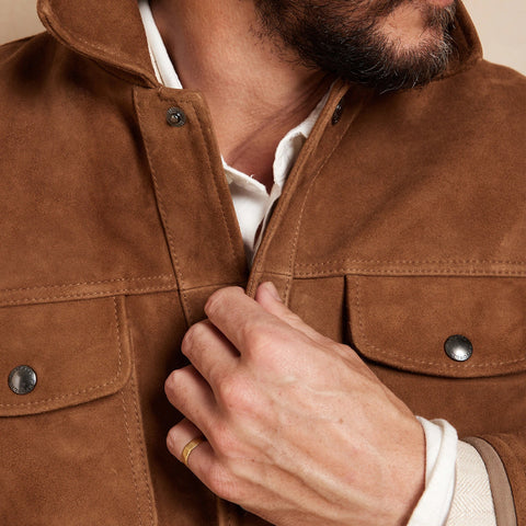 men's brown leather trucker jacket ronan texture detail