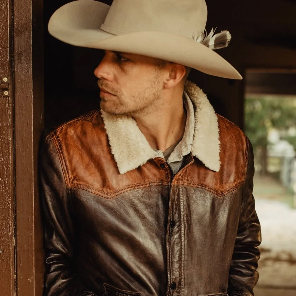 men’s two-tone cowhide leather western jacket detail view