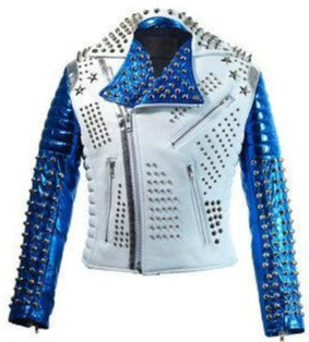Men’s white blue studded leather fashion jacket
