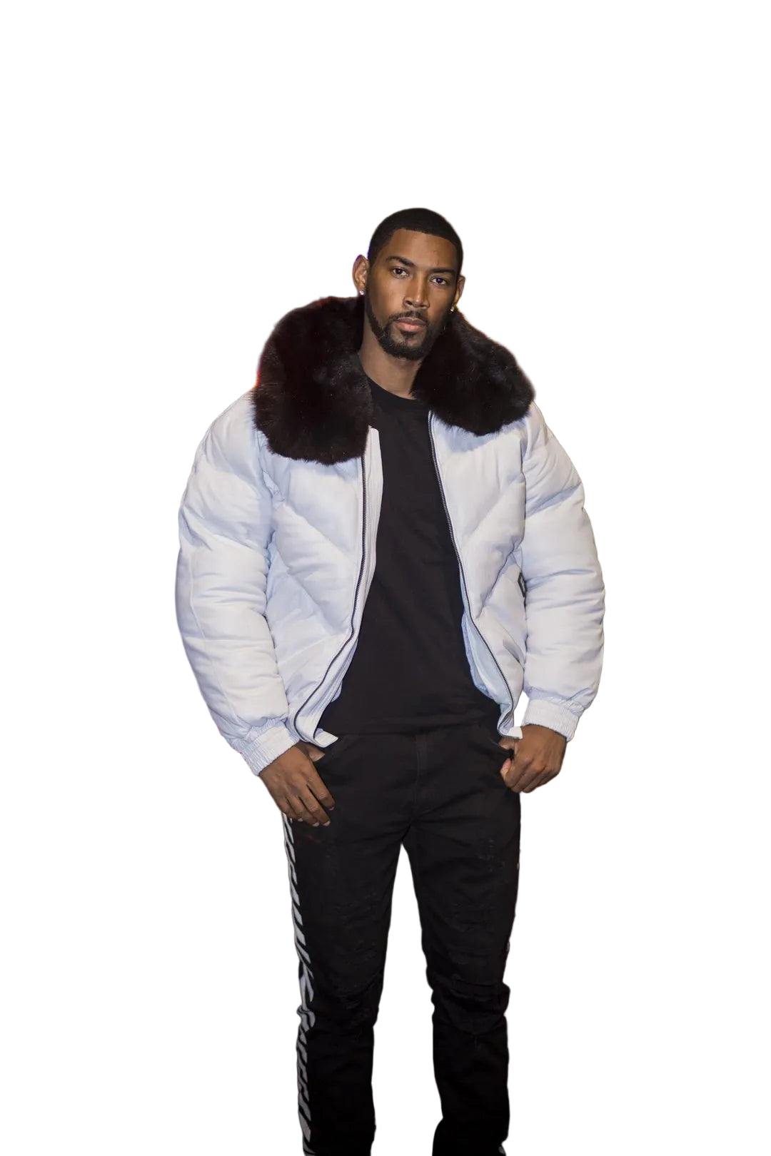 Men’s white lambskin bomber jacket with black fur collar
