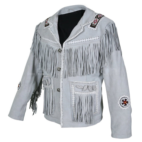 Men’s white suede western fringe cowboy jacket
