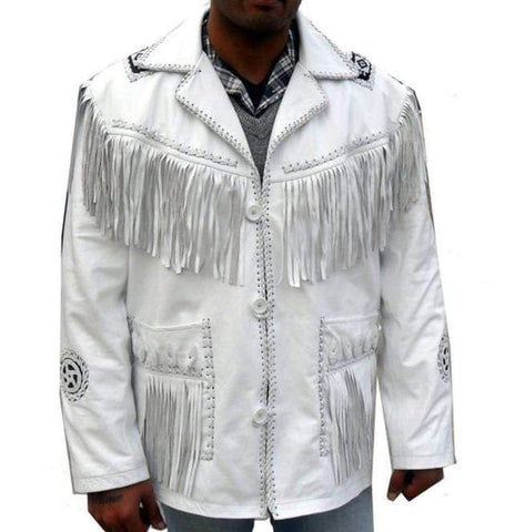 Men’s white western fringe leather jacket