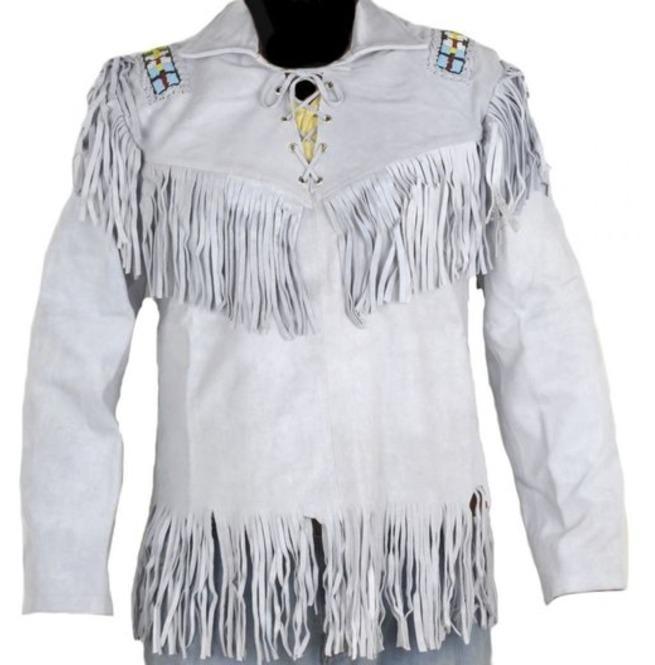 Men’s white western leather fringe cowboy jacket
