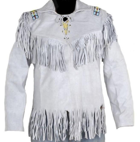 Men’s white western leather fringe cowboy jacket
