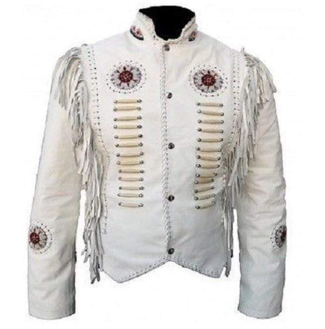 Men’s white western leather fringe jacket with beads
