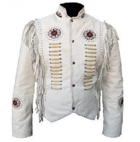 Men’s white western leather fringe jacket with beads
