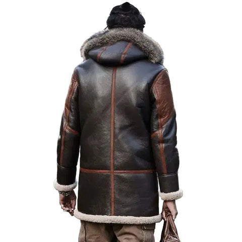 Men’s winter leather coat with hood and fur detail