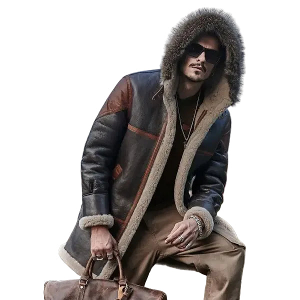 Men’s winter leather coat with hood and fur detail