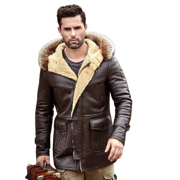 Men’s winter leather coat with hood and fur detail