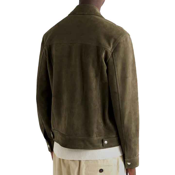 Mens Army Green Suede Leather Trucker Jacket - Durable and Stylish - AMSEL LEATHERS