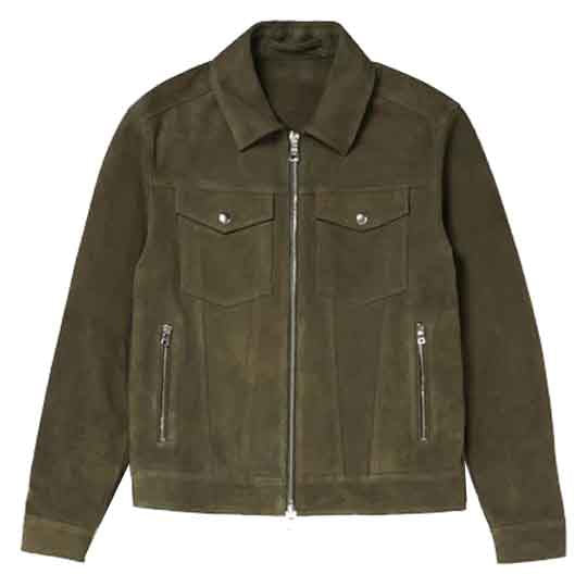 Mens Army Green Suede Leather Trucker Jacket - Durable and Stylish - AMSEL LEATHERS