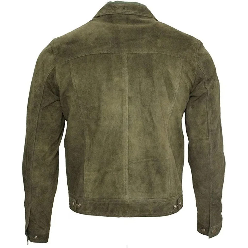 Men's Army Green Suede Trucker Jacket - Real Leather - AMSEL LEATHERS