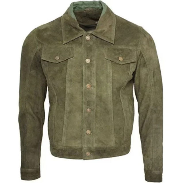 Men's Army Green Suede Trucker Jacket - Real Leather - AMSEL LEATHERS