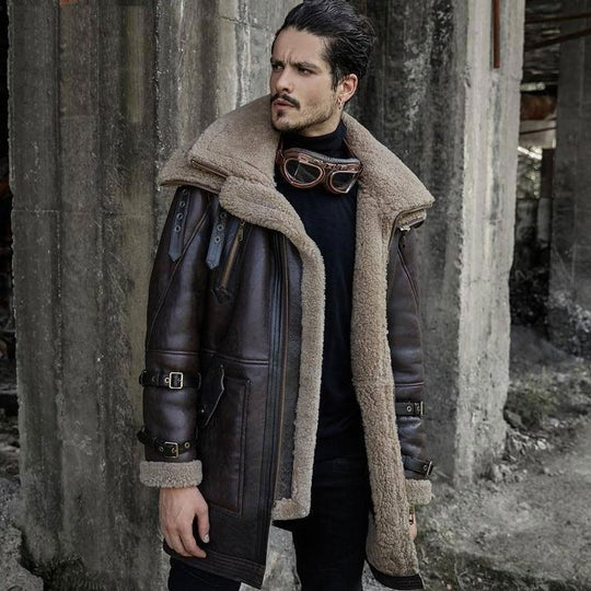 Men's B3 Aviator Flight Jacket Shearling Fur Long Coat - AMSEL LEATHERS