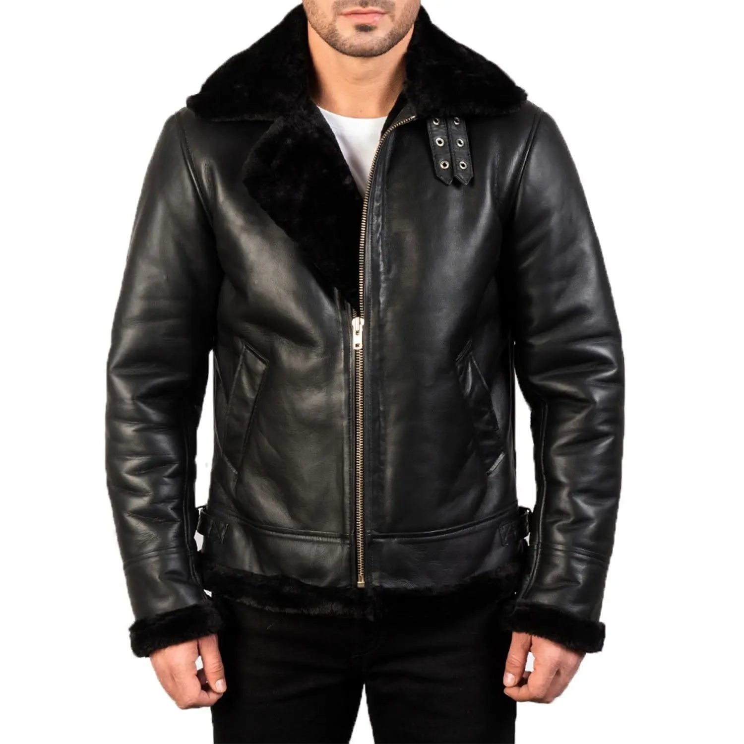 Men's B3 Bomber Leather Jacket in Black Amsel Leathers