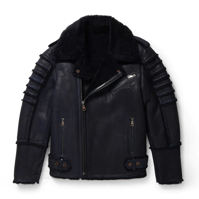 Men's Black Aviator Sheepskin Moto Shearling Leather Jacket - AMSEL LEATHERS