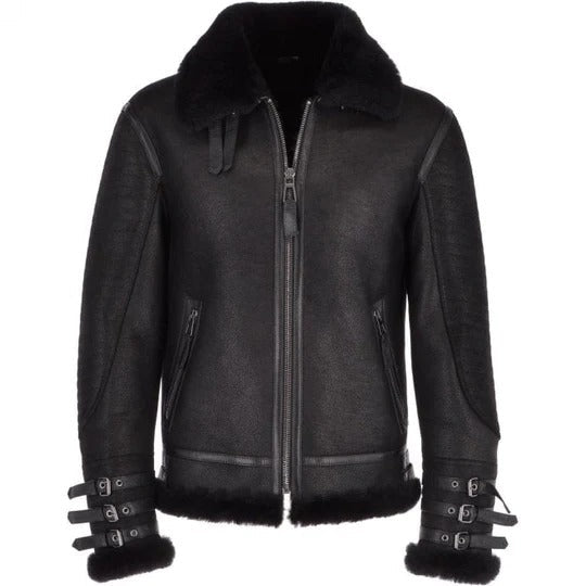 Men's Black Aviator Flight Bomber Shearling Leather Jacket - AMSEL LEATHERS