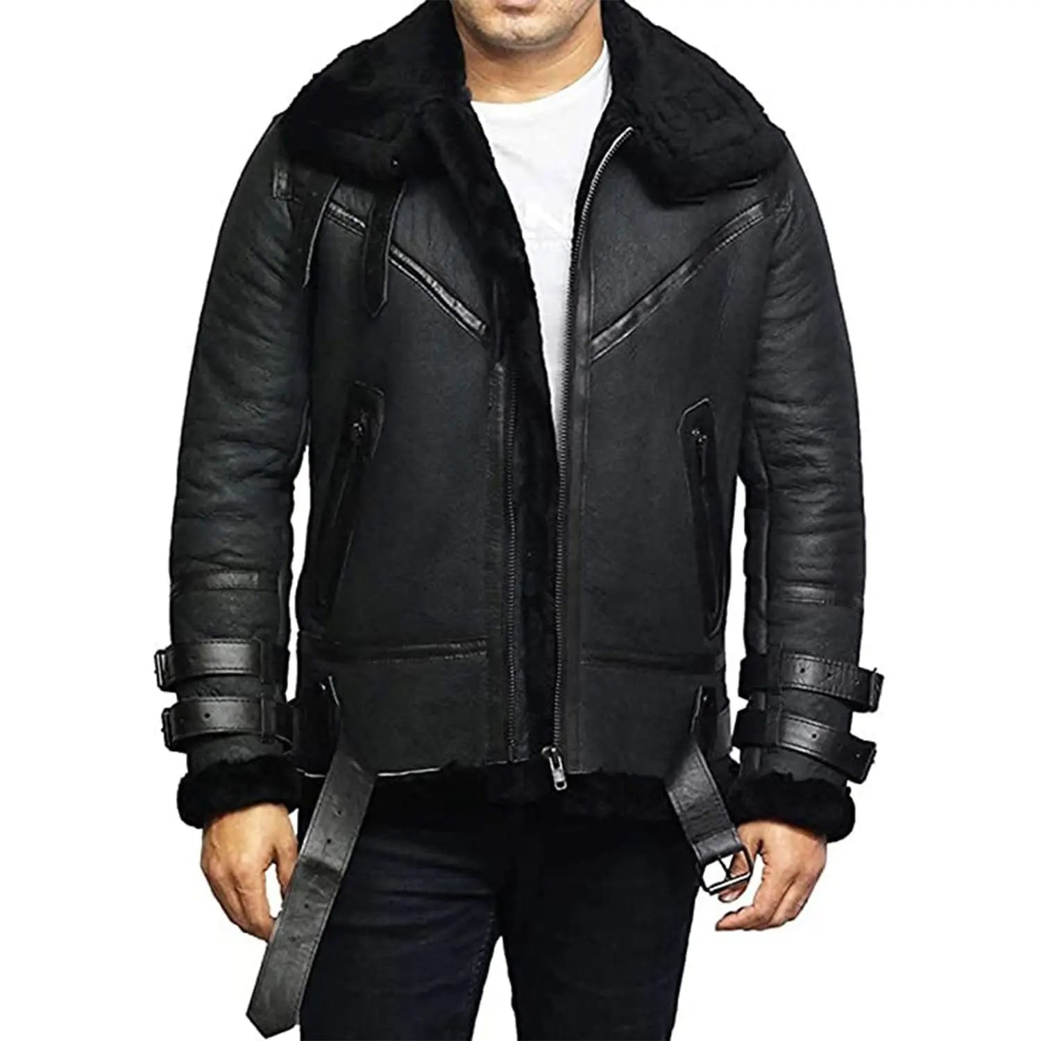 Men's Black B3 RAF Aviator Sheepskin Bomber Jacket Amsel Leathers