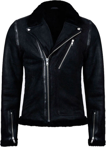 Mens Black Biker Leather Jacket With Fur