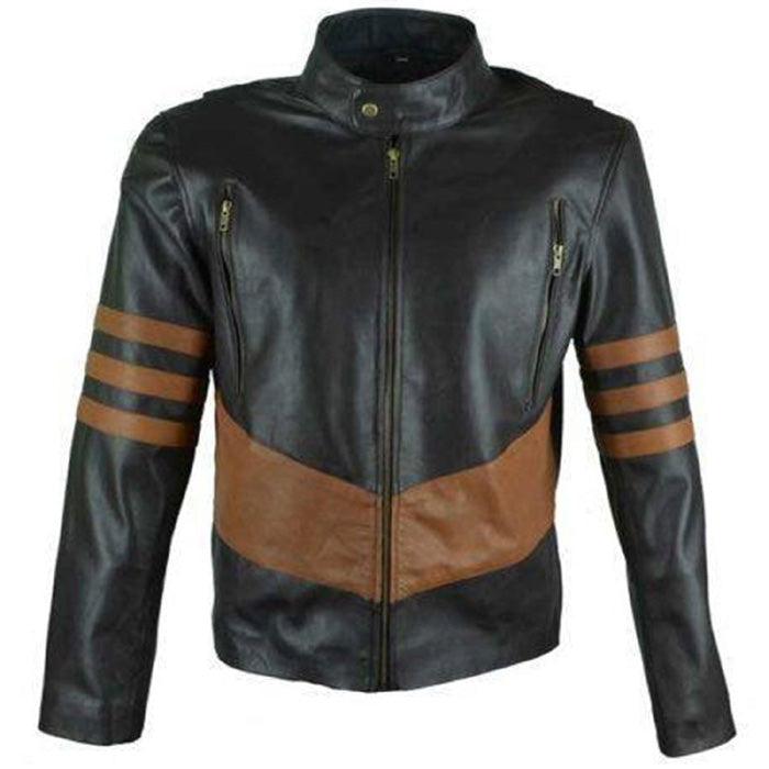 Men's Black Cafe Racer With Brown Stripes Leather Jacket - AMSEL LEATHERS