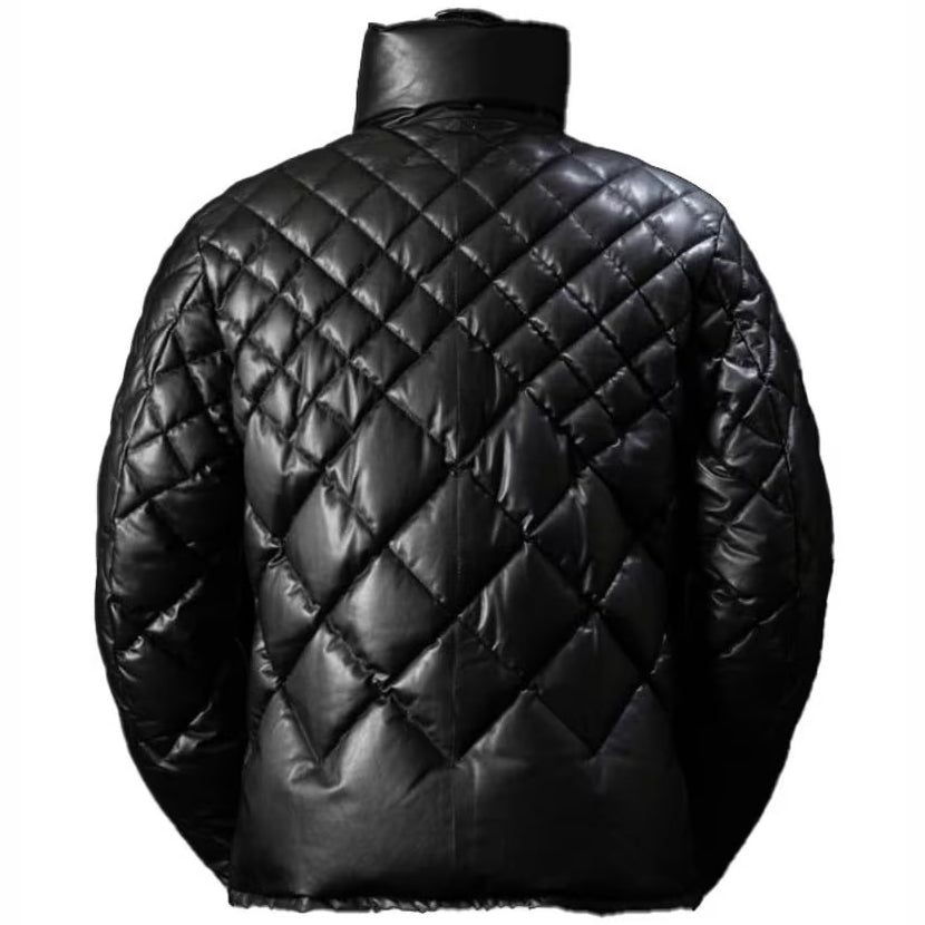 Men's Black Lambskin Leather Puffer Jacket - Leather Down Jacket - AMSEL LEATHERS