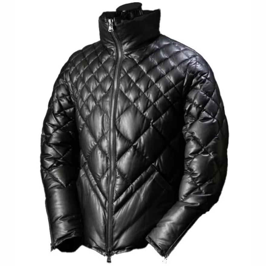 Men's Black Lambskin Leather Puffer Jacket - Leather Down Jacket - AMSEL LEATHERS