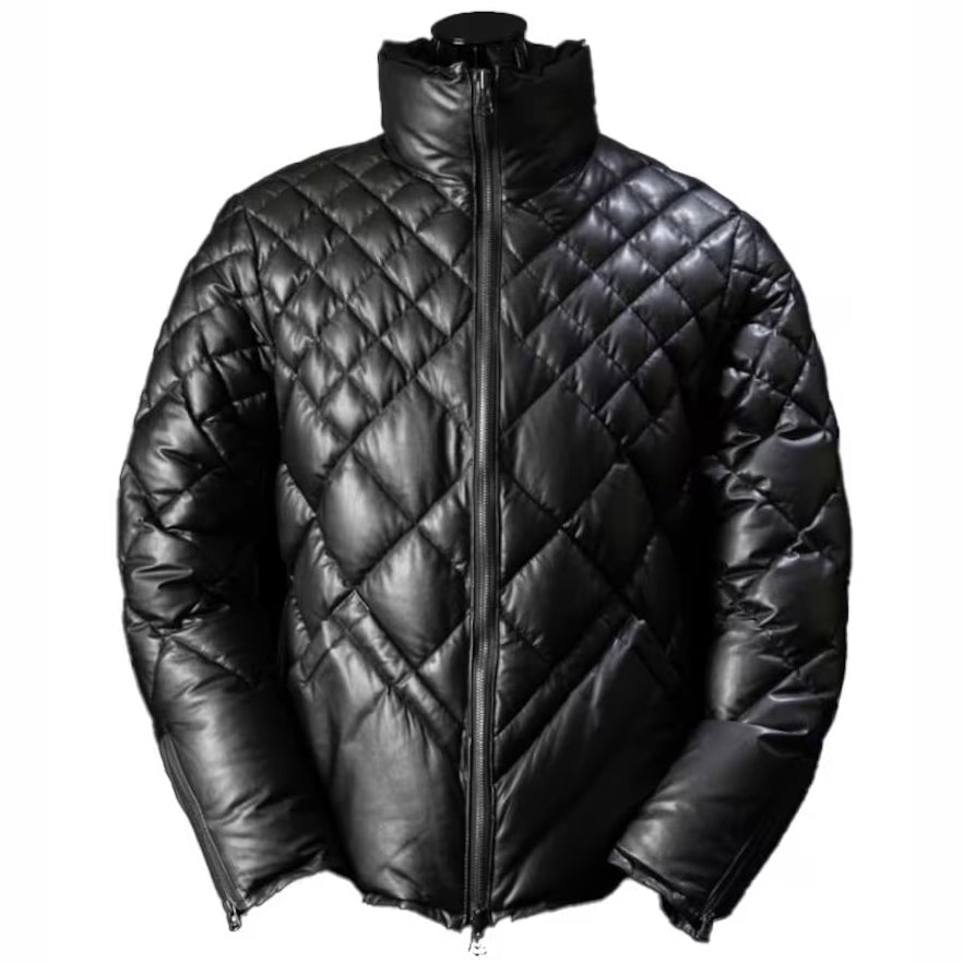 Men's Black Lambskin Leather Puffer Jacket - Leather Down Jacket - AMSEL LEATHERS