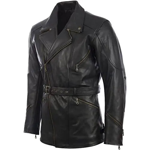 Men's Black Leather Belted Motorcycle Coat Amsel Leathers