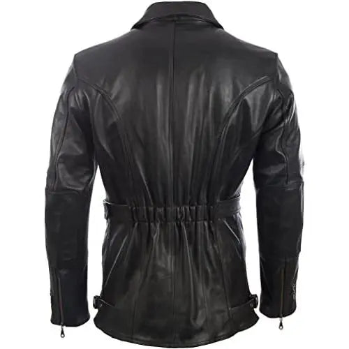 Men's Black Leather Belted Motorcycle Coat Amsel Leathers