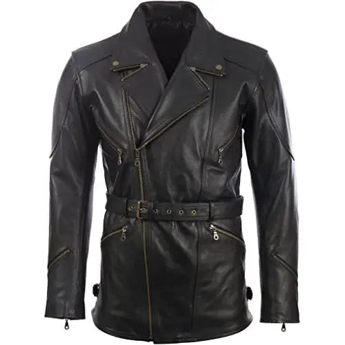 Men's Black Leather Belted Motorcycle Coat Amsel Leathers