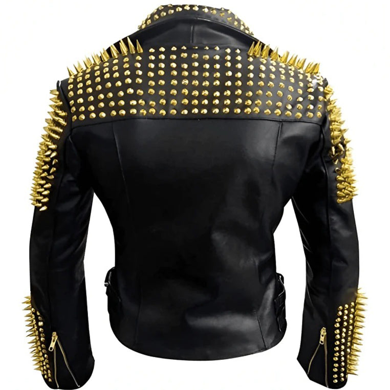 Men's Black Leather Biker Jacket with Gold Studs - AMSEL LEATHERS