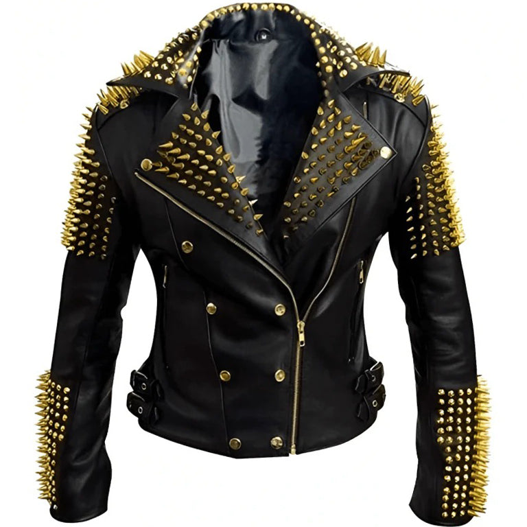 Men's Black Leather Biker Jacket with Gold Studs - AMSEL LEATHERS