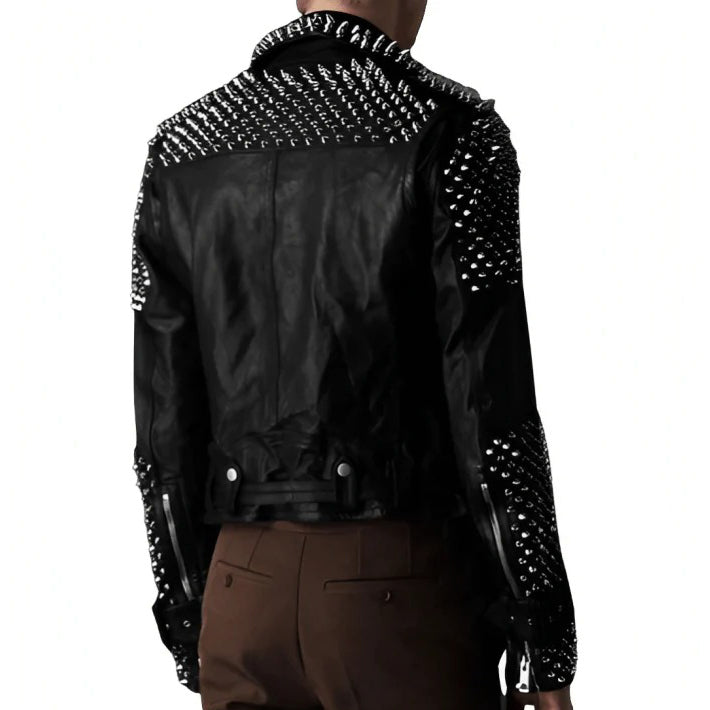 Men's Black Leather Biker Jacket with Studs - AMSEL LEATHERS