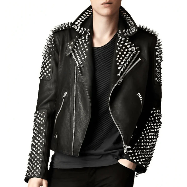 Men's Black Leather Biker Jacket with Studs - AMSEL LEATHERS