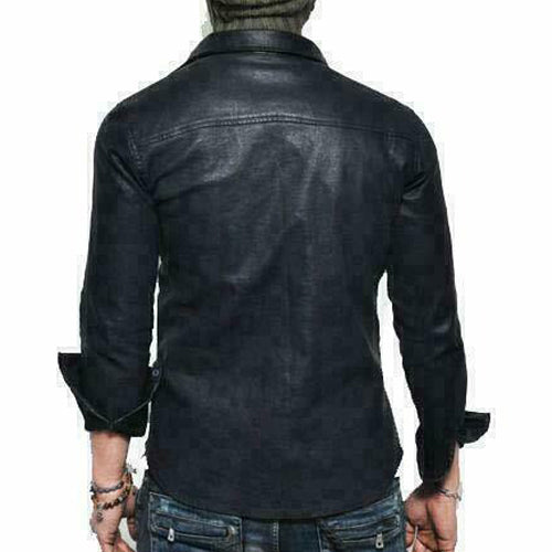 Men's Black Leather Biker Shirt - AMSEL LEATHERS