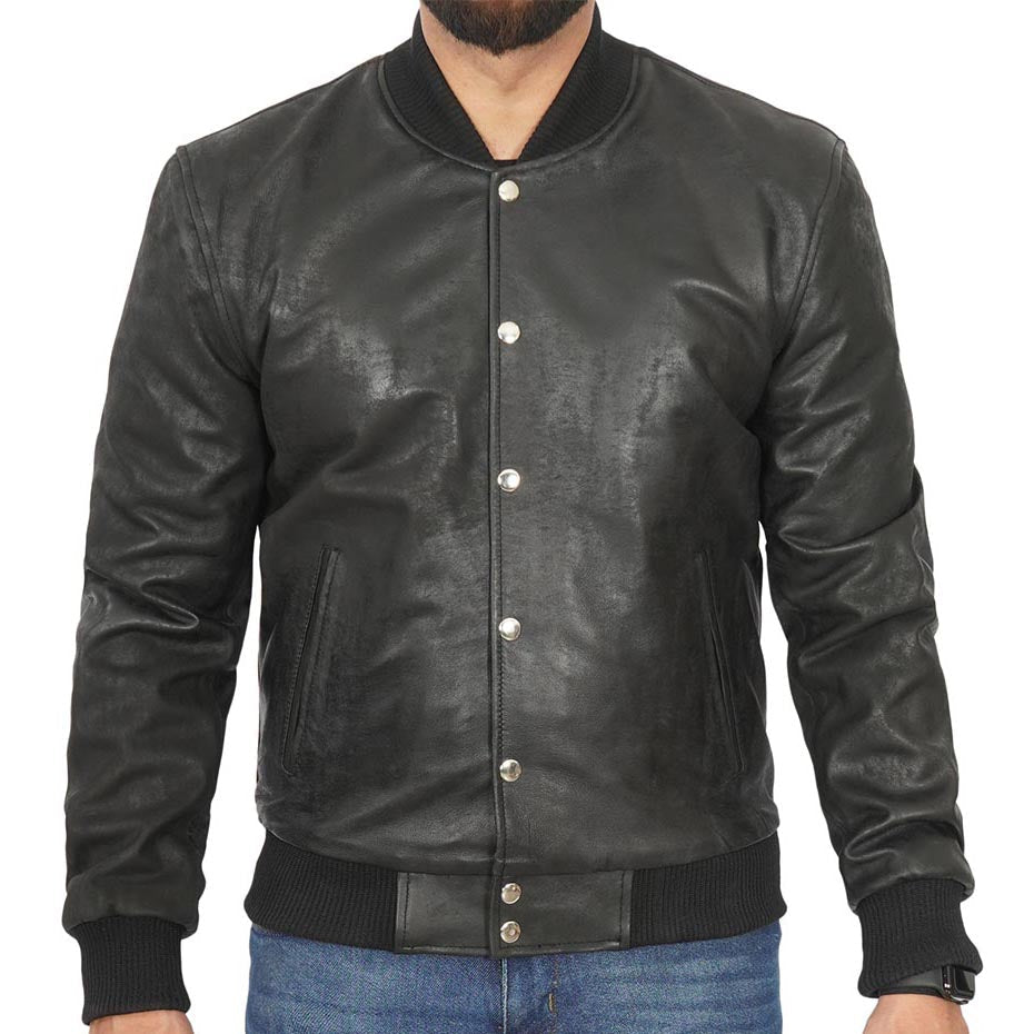 Mens Black Leather Letterman Bomber Jacket - AMSEL LEATHERS