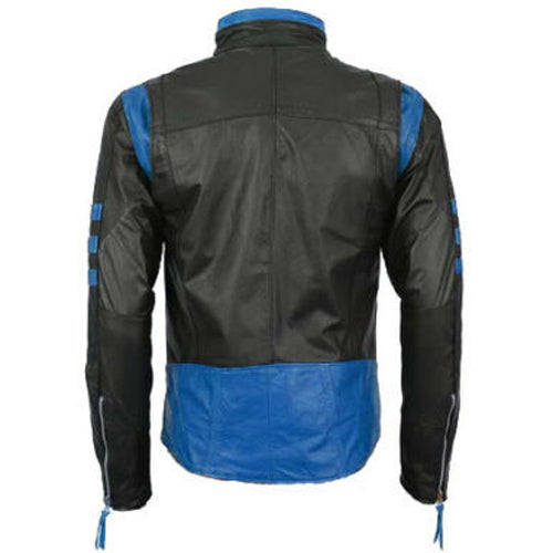 Men's Black Leather Motorcycle Racing Jacket with Blue Stripes - AMSEL LEATHERS