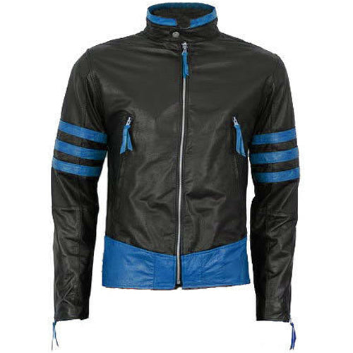 Men's Black Leather Motorcycle Racing Jacket with Blue Stripes - AMSEL LEATHERS