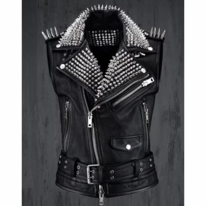 Men's Black Leather Studded Biker Punk Vest - AMSEL LEATHERS