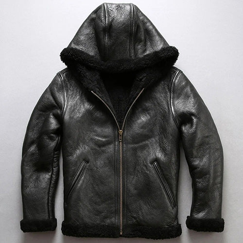 Men's Black Shearling Sheepskin Fur Hooded Coat - AMSEL LEATHERS