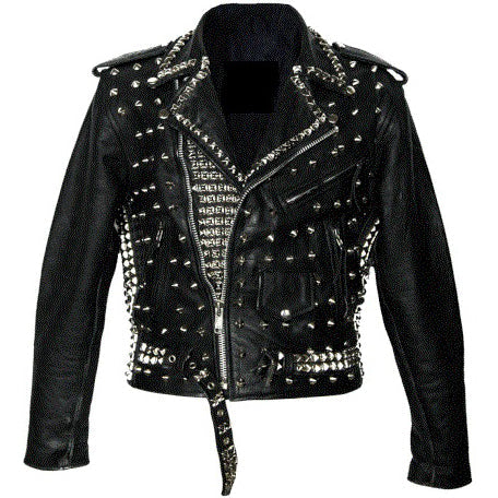 Men's Black Silver Studded Leather Biker Jacket with Belt - AMSEL LEATHERS