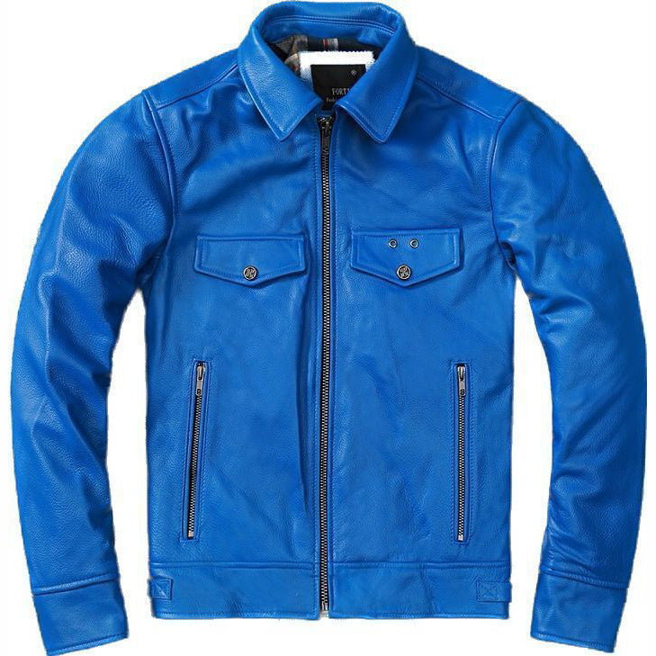 Mens Blue Trucker Style Motorcycle Cafe Racer Jacket - AMSEL LEATHERS