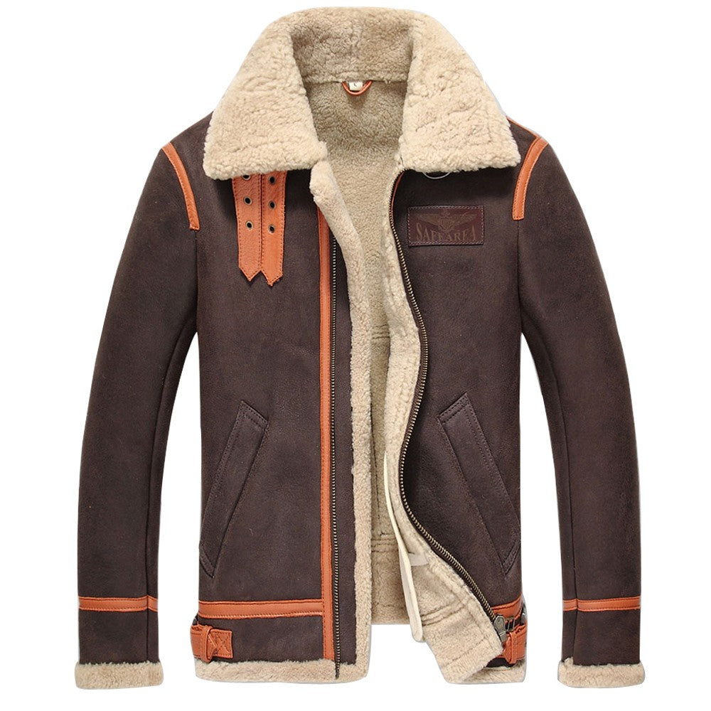 Men's Brown B-3 Aviator Sheepskin Shearling Bomber Jacket - AMSEL LEATHERS