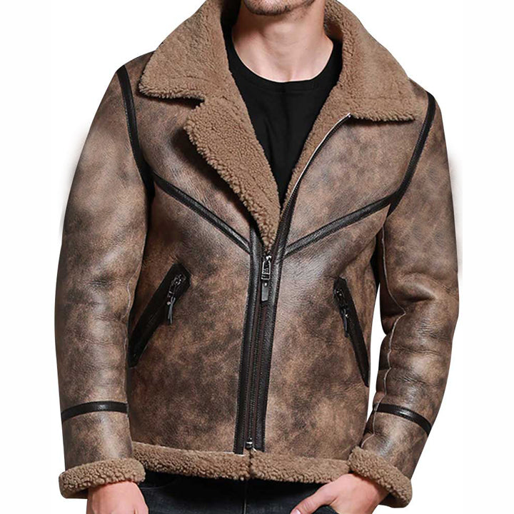 Men's Brown B3 Pilot Aviator Sheepskin Shearling Bomber Jacket - AMSEL LEATHERS