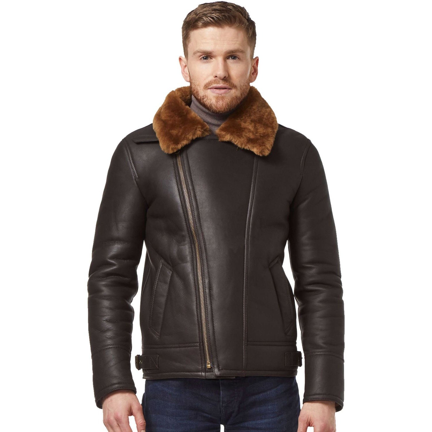 Men's Brown Ginger Aviator Bomber Cross Zipper Leather Jacket - AMSEL LEATHERS